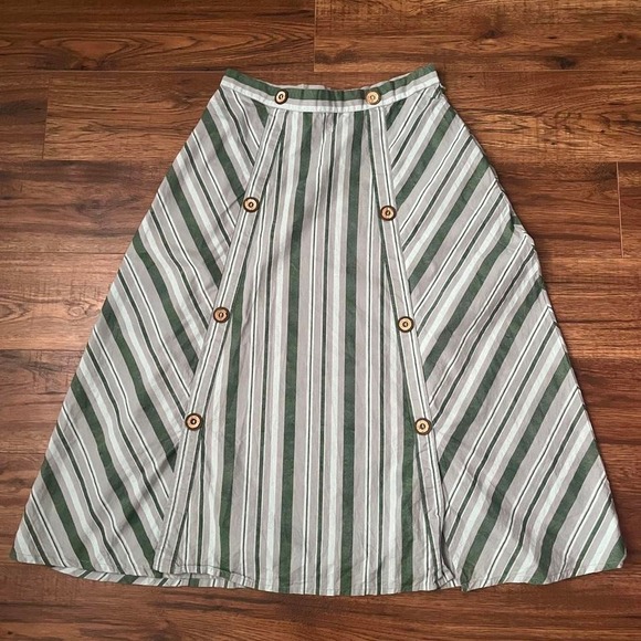 Dresses & Skirts - Green Striped 100% Cotton Midi Skirt Wood Buttons Women Large Boho Fairy Cottage